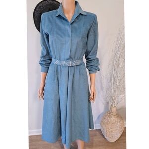 Vintage Willi Of California Blue Ultra Suede Long Sleeve A-line Midi Dress